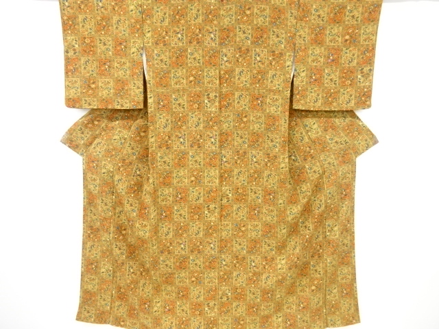 JAPANESE KIMONO / VINTAGE KOMON KIMONO / GRID & CHINESE FLOWER